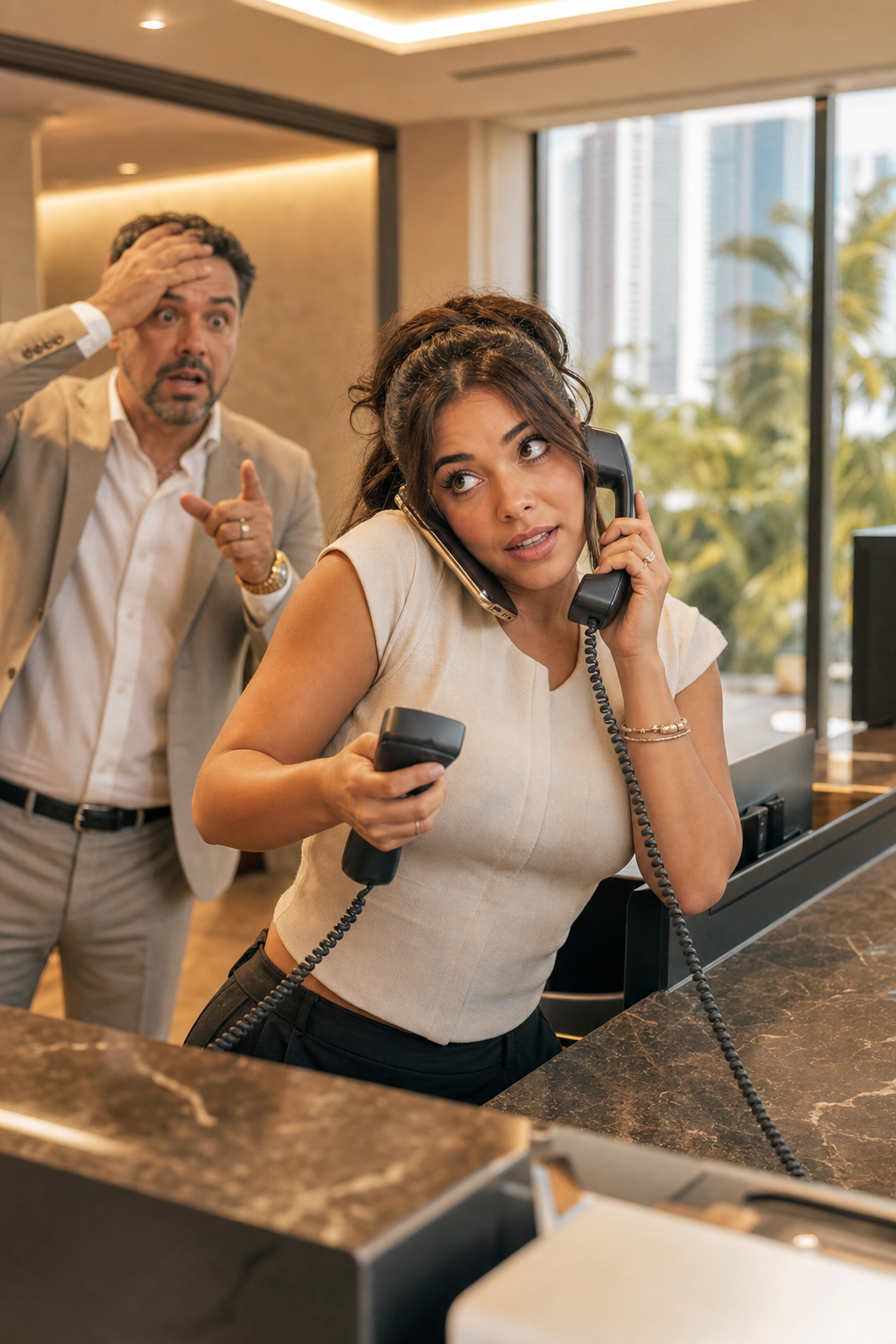 Floor associate juggling three phones