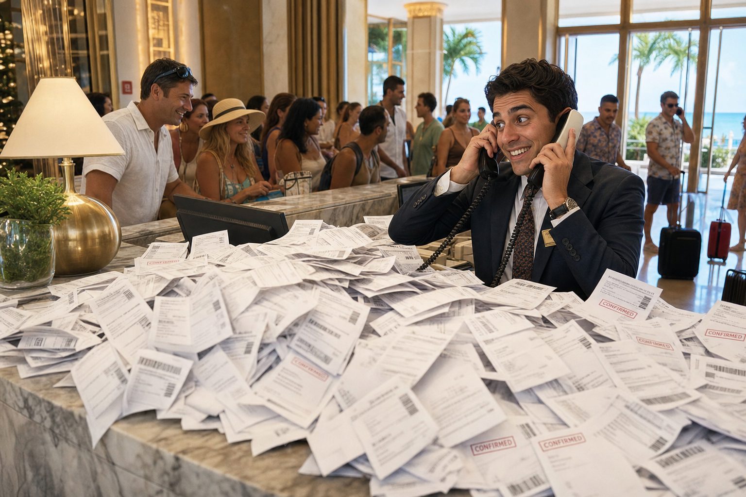 Hotel front desk juggling phones while the lobby fills with check-ins