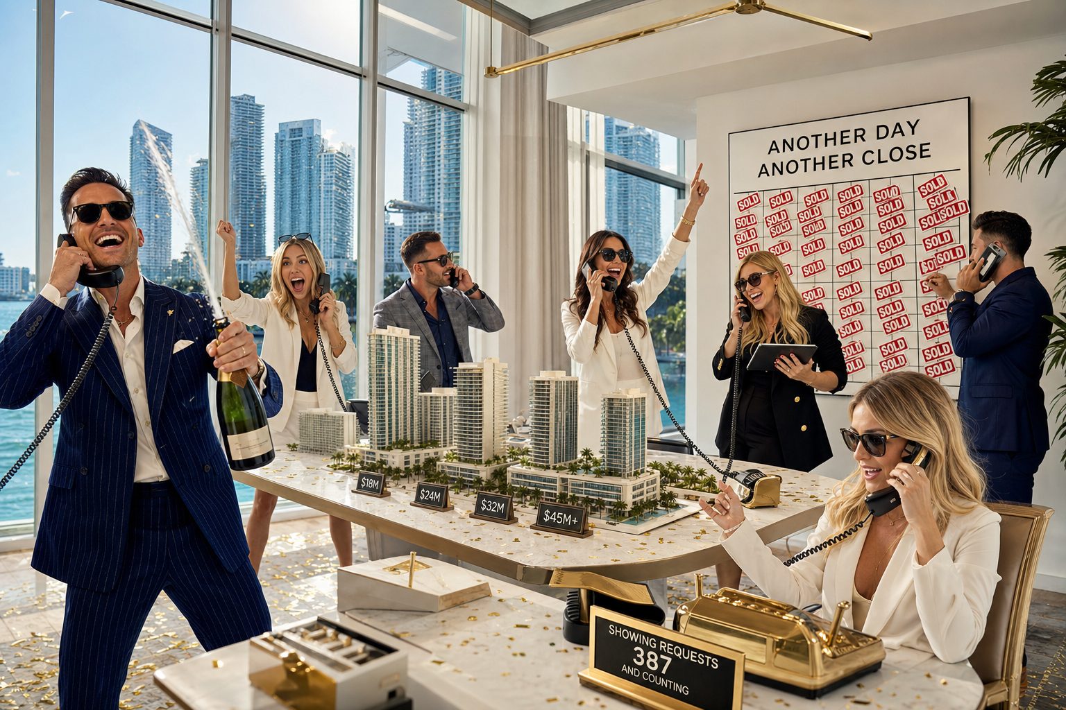 Real estate brokerage celebrating sold listings with phones ringing