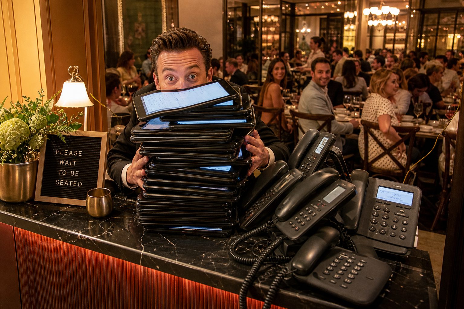 Restaurant host stand — reservation tablets overflowing, dining room packed