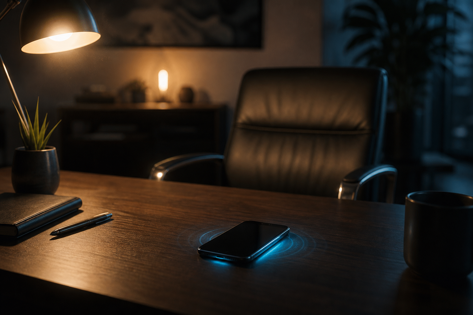 Phone on executive desk with telemetry pulse rings